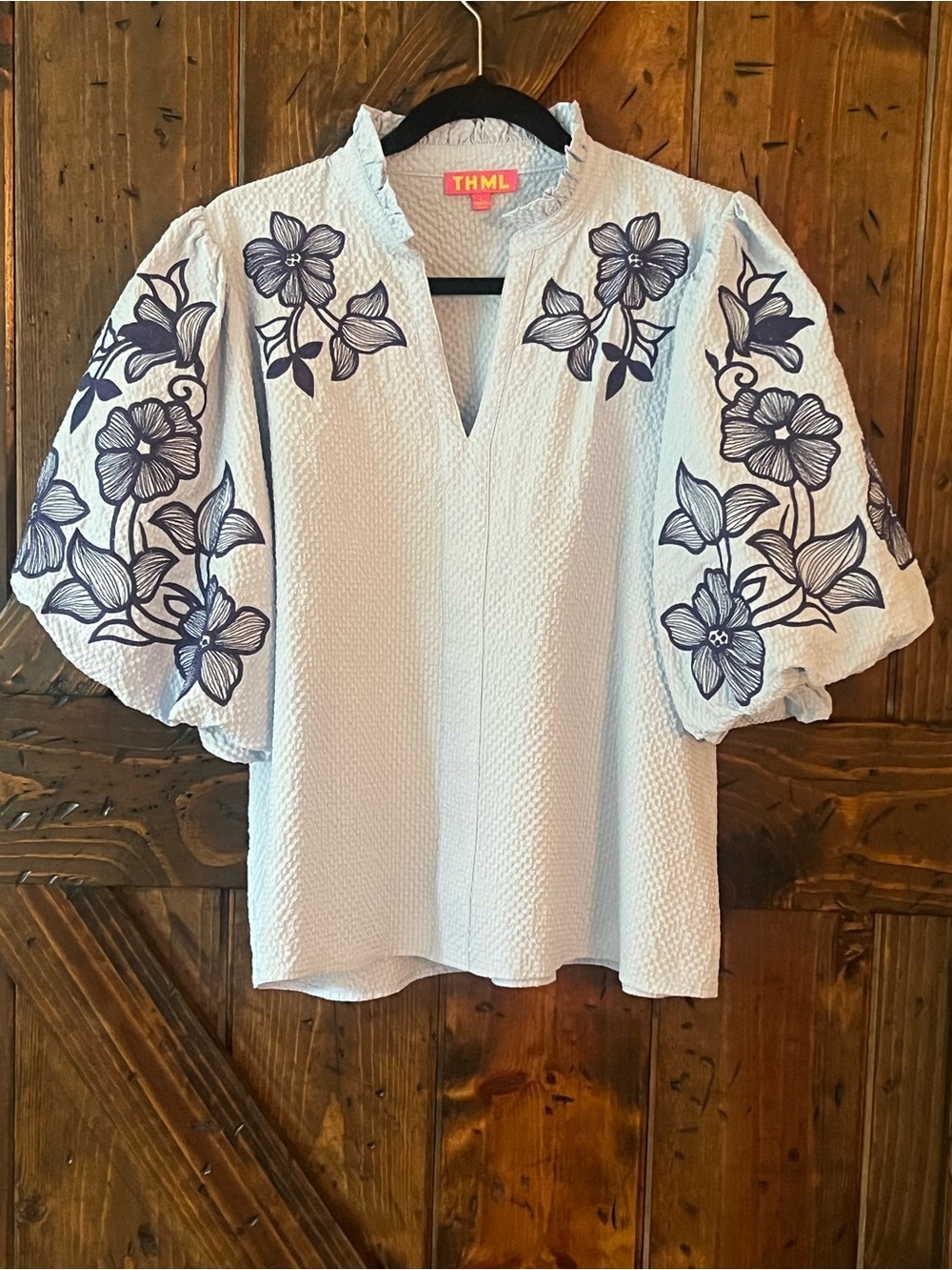 THML Light Blue Puff Sleeve Top with Navy Floral Embroidery